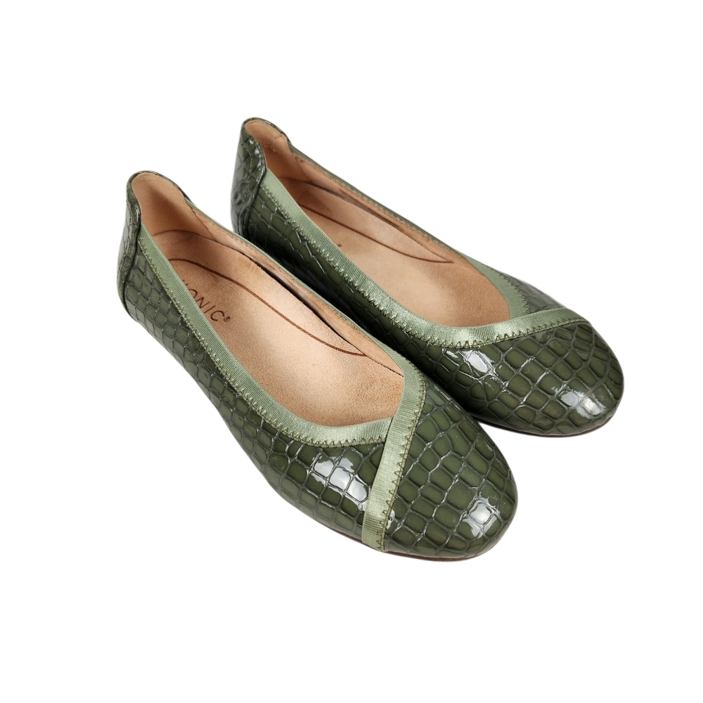 Vionic Carroll Green Alligator Embossed Leather Ballet Flats Comfy Womens Size 6